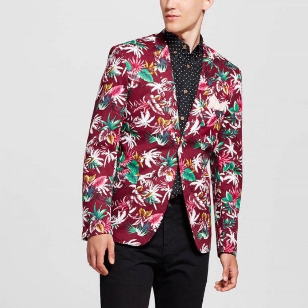 WD NY Red Pink Tropical Floral Print Cotton Blazer Sport Coat Jacket sz Small